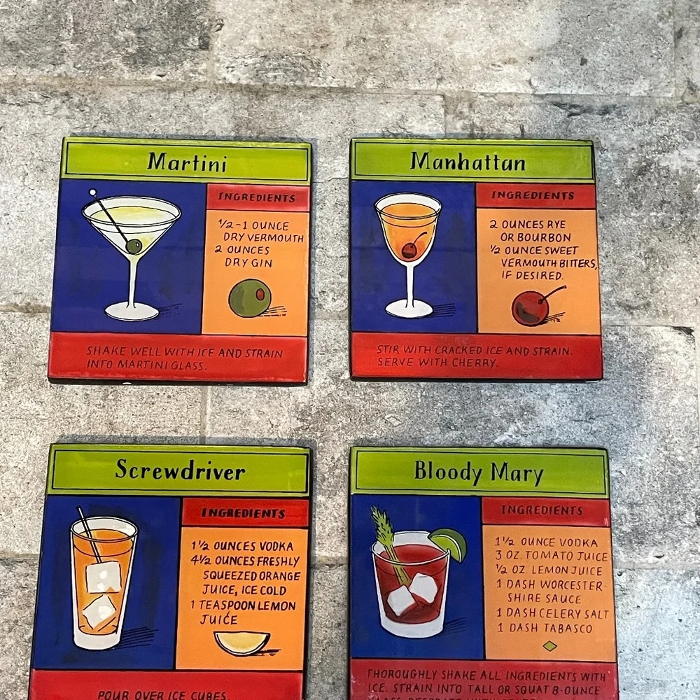 ❤️ CRATE & BARREL PAINTED DRINK RECIPE COASTERS SET OF 4 NEW
